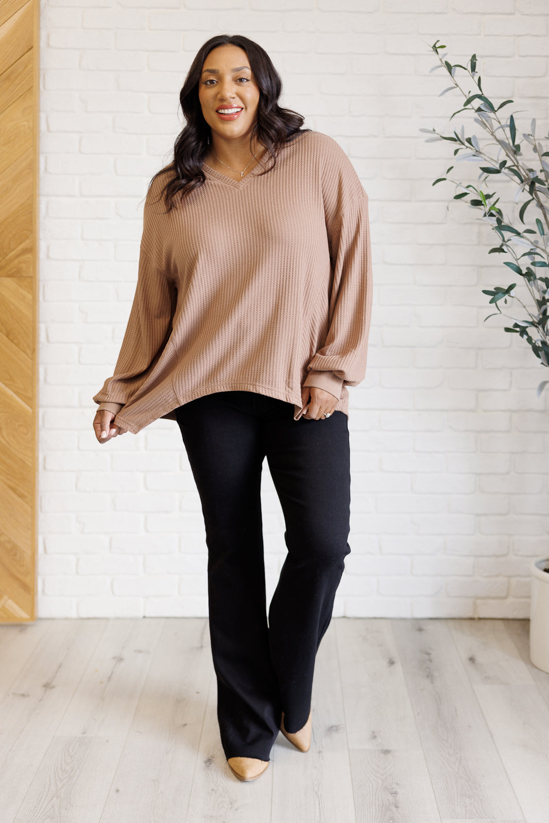 Good Things Are Coming V-Neck Top in Coffee - Charming Charlie