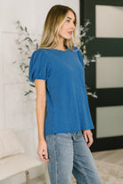 Grace & Virtue Balloon Sleeve Blouse in Ocean Blue - Charming Charlie
