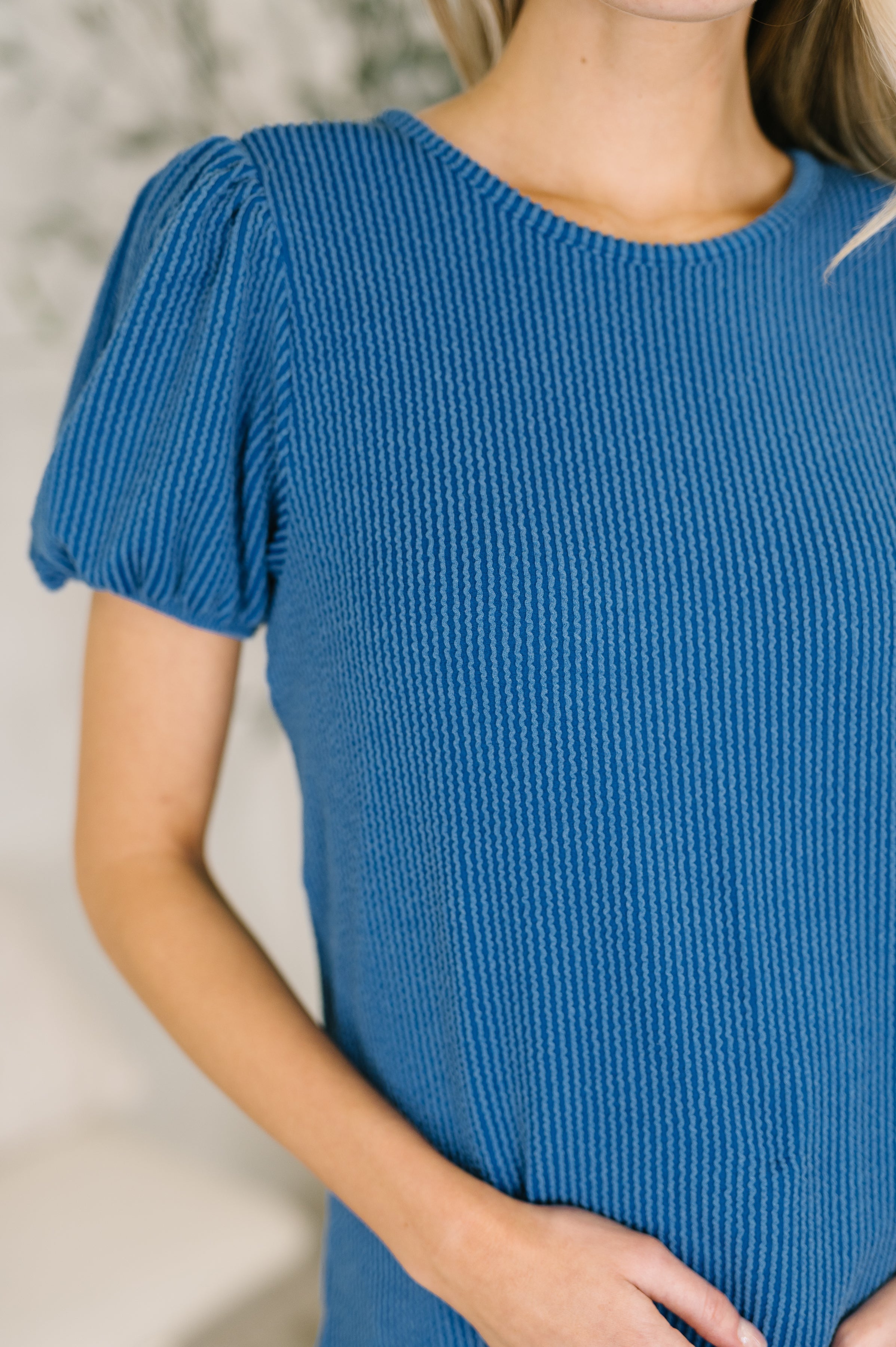 Grace & Virtue Balloon Sleeve Blouse in Ocean Blue - Charming Charlie