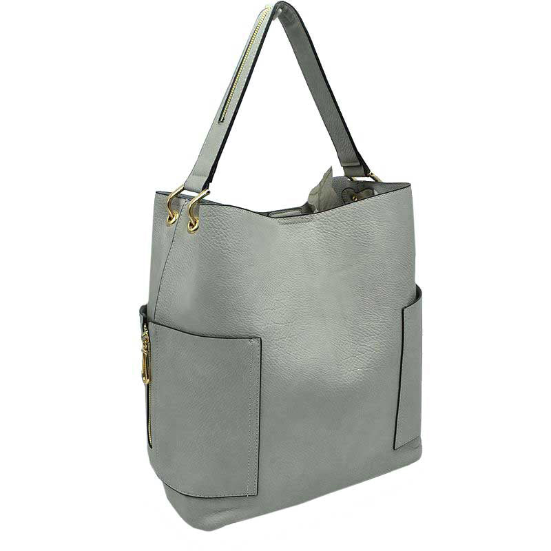 Gray 2in1 Chic Satchel Side Pocket With Long Strap Bucket Bag, This casual crossbody bucket bag is super soft Vegan leather and has convenient side pockets to carry water bottles, phones, or glasses and a removable zipper pouch. Gold hardware. Extra bag inside and strap to make it a crossbody. Perfect for carrying around your stuff, this bag is big enough for all your daily essentials.