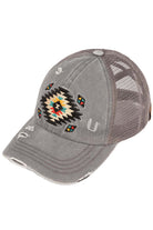 Gray C.C AZTEC PATCH DISTRESSED PONY CAP is a stylish and versatile accessory that combines functionality with fashion. Made of high-quality materials, it features an eye-catching aztec patch design and a distressed finish for a trendy look. Stay protected from the sun and add a touch of personality to your outfit with this must-have cap.