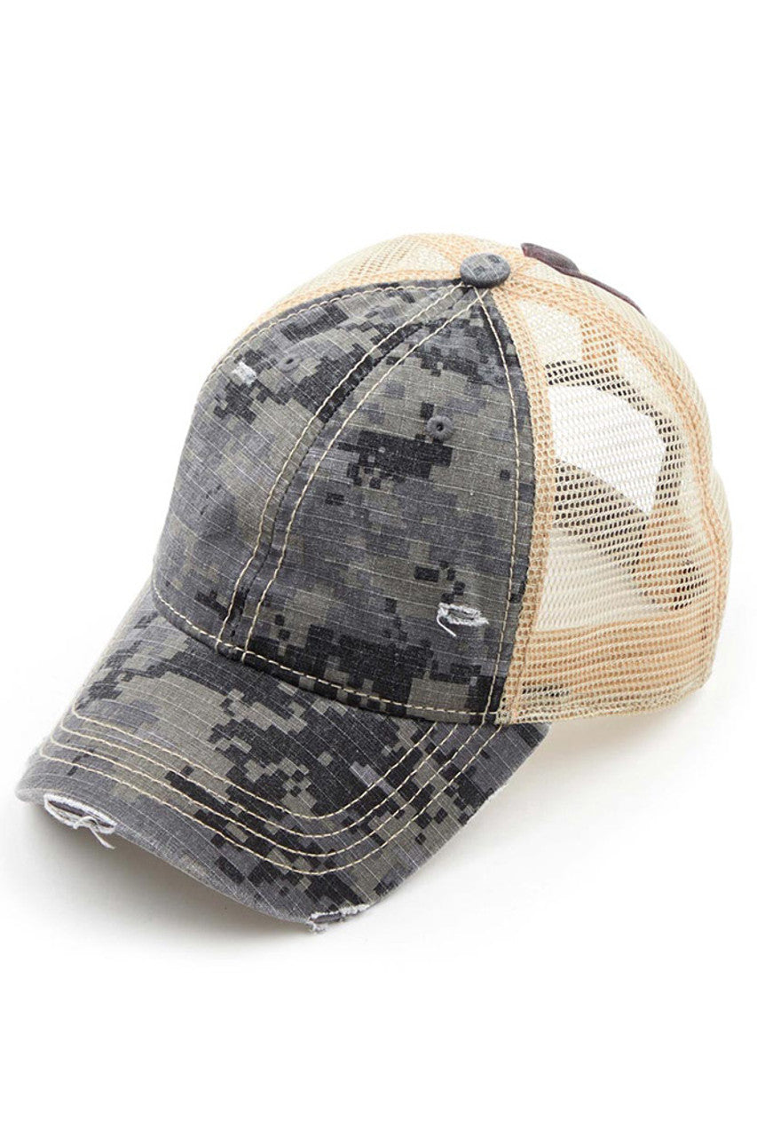Gray C.C Digital Camo Mesh Ponycap offers a unique and stylish design paired with functionality. Its digital camouflage pattern and mesh material provide a modern look while keeping your head cool. Perfect for outdoor activities or casual wear, this cap is a must-have for any fashion-forward individual.