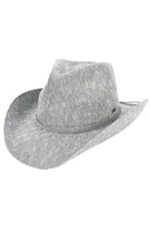 Gray C.C Metallic Band Trim Cowboy Hat offers a stylish twist to the classic cowboy hat. With a metallic band trim, it adds a touch of glamour to any outfit. Made with quality materials, it provides both fashion and functionality, making it a must-have accessory for any fashion-forward individual. Elevate your western look with this trendy cowboy hat.