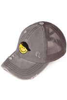 Gray  C.C SMILE CRISS-CROSS PONY CAP is a versatile and stylish accessory. Made with high-quality materials and a unique criss-cross design, it offers a secure and comfortable fit. Perfect for any season, this cap adds a touch of fashion to any outfit.