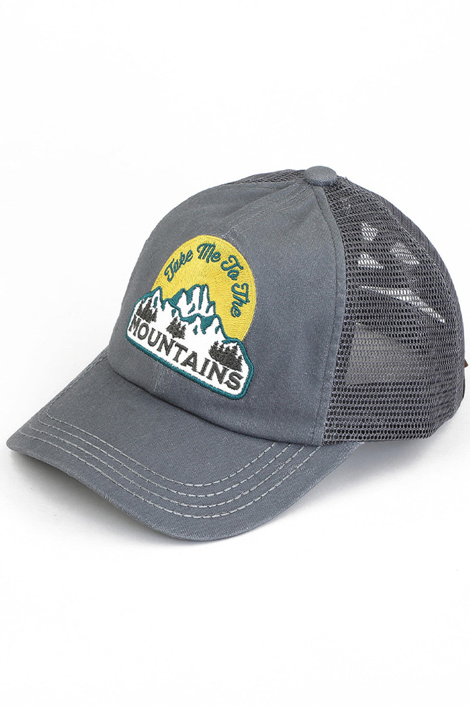 Gray C.C TAKE ME TO THE MOUNTAINS PATCH PONY CAP is the perfect accessory for any outdoor adventure. With its durable design and stylish mountain patch, this cap will keep you protected from the sun while showing off your love for the great outdoors. Stay comfortable and on-trend all day long.