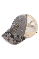 Gray C.C US FLAG MESH PONYCAP is perfect for those looking for a stylish, patriotic accessory. Made with breathable mesh and featuring an American flag patch, this ponytail cap is both functional and fashionable. Show off your American pride with this versatile and comfortable hat option.