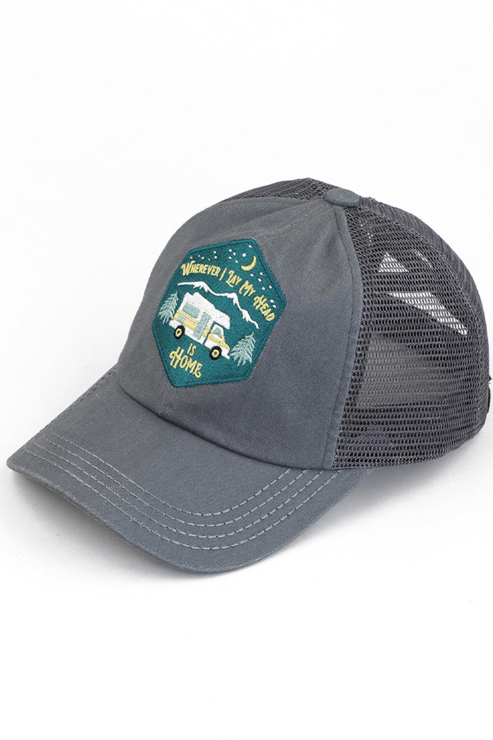 Gray C.C WHEREVER I LAY MY HEAD IS HOME PATCH PONY CAP is the perfect accessory for any outdoor adventure. Made with high-quality materials, this cap features a unique "home patch" design, providing comfort and sun protection. This stylish and practical pony cap shows off your love for the great outdoors.