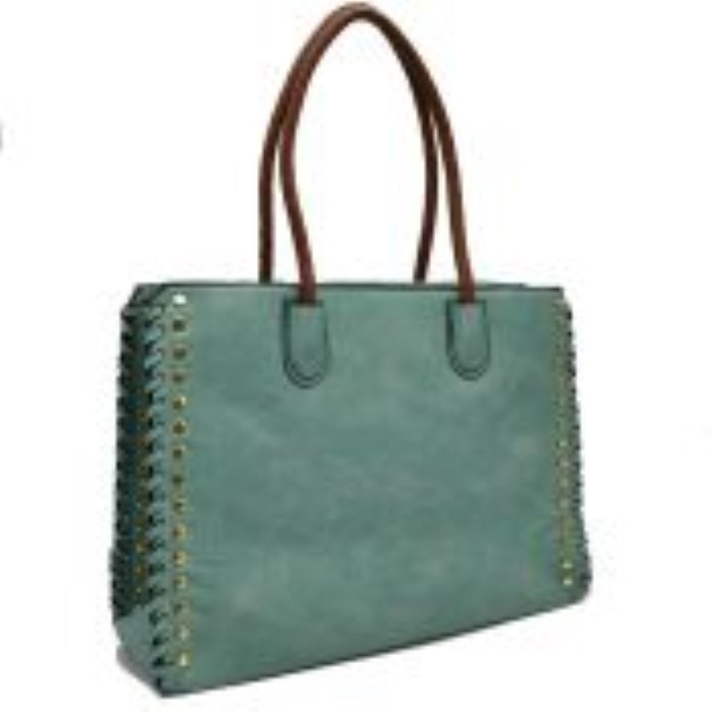 Green Studded Faux Leather Whipstitch Shoulder Bag Tote Bag, is crafted from high-quality faux leather, featuring a stylish whipstitch trim and studded accents. Its adjustable strap makes it perfect for everyday use, this bag is sure to turn heads.¬†This spacious handbag features a roomy interior to hold all your essentials. It‚Äôs safe, secure, and great for travel.