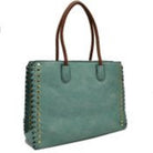Green Studded Faux Leather Whipstitch Shoulder Bag Tote Bag, is crafted from high-quality faux leather, featuring a stylish whipstitch trim and studded accents. Its adjustable strap makes it perfect for everyday use, this bag is sure to turn heads.¬†This spacious handbag features a roomy interior to hold all your essentials. It‚Äôs safe, secure, and great for travel.