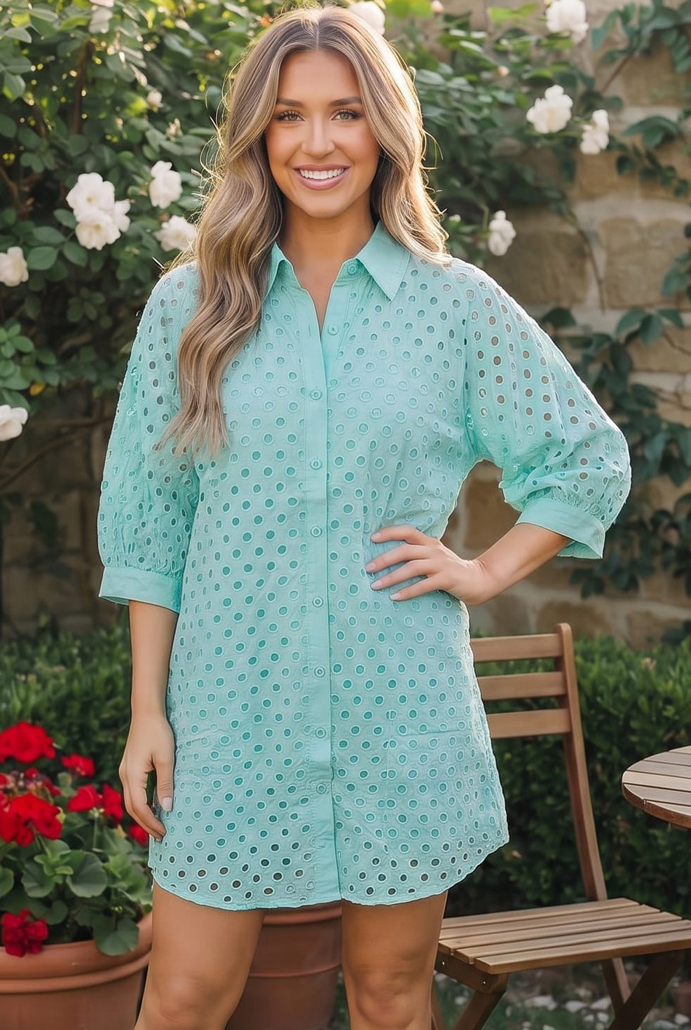 Mint Eyelet Button Front Shirt Dress - Charming Charlie