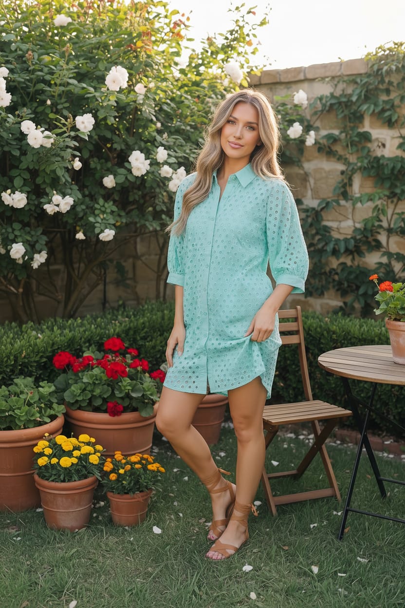 Mint Eyelet Button Front Shirt Dress - Charming Charlie