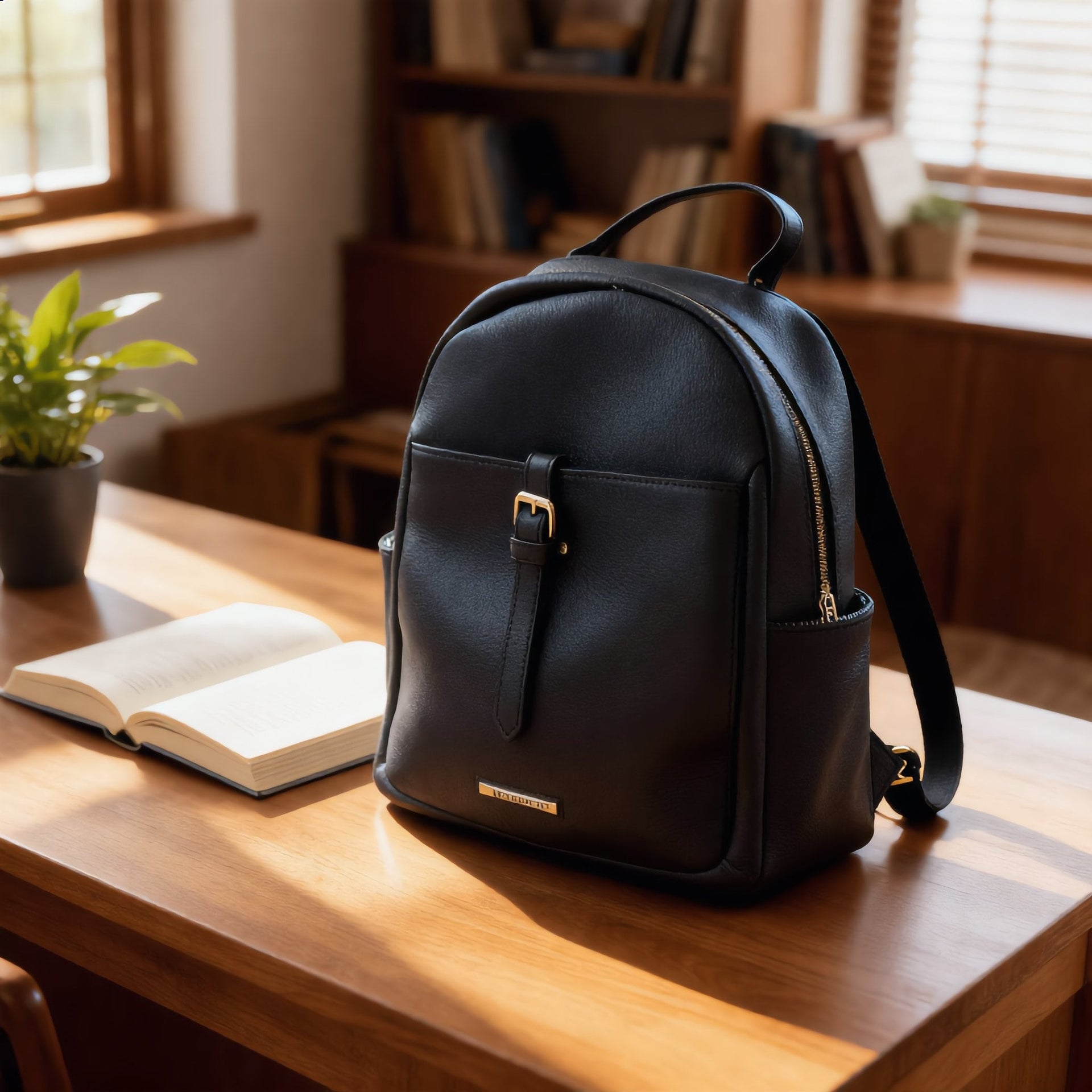 Chic Black Leather Buckle Backpack