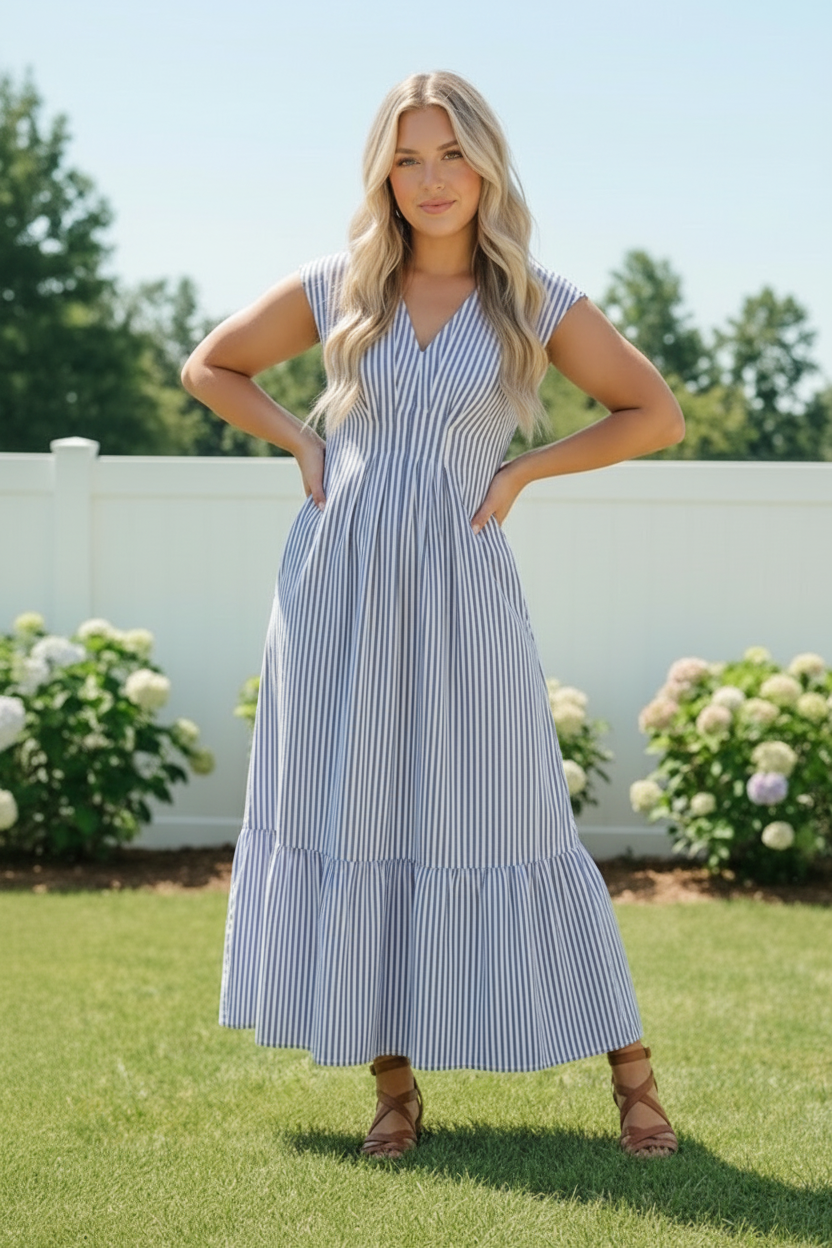 Sunny Days Striped Midi Dress in Blue - Charming Charlie