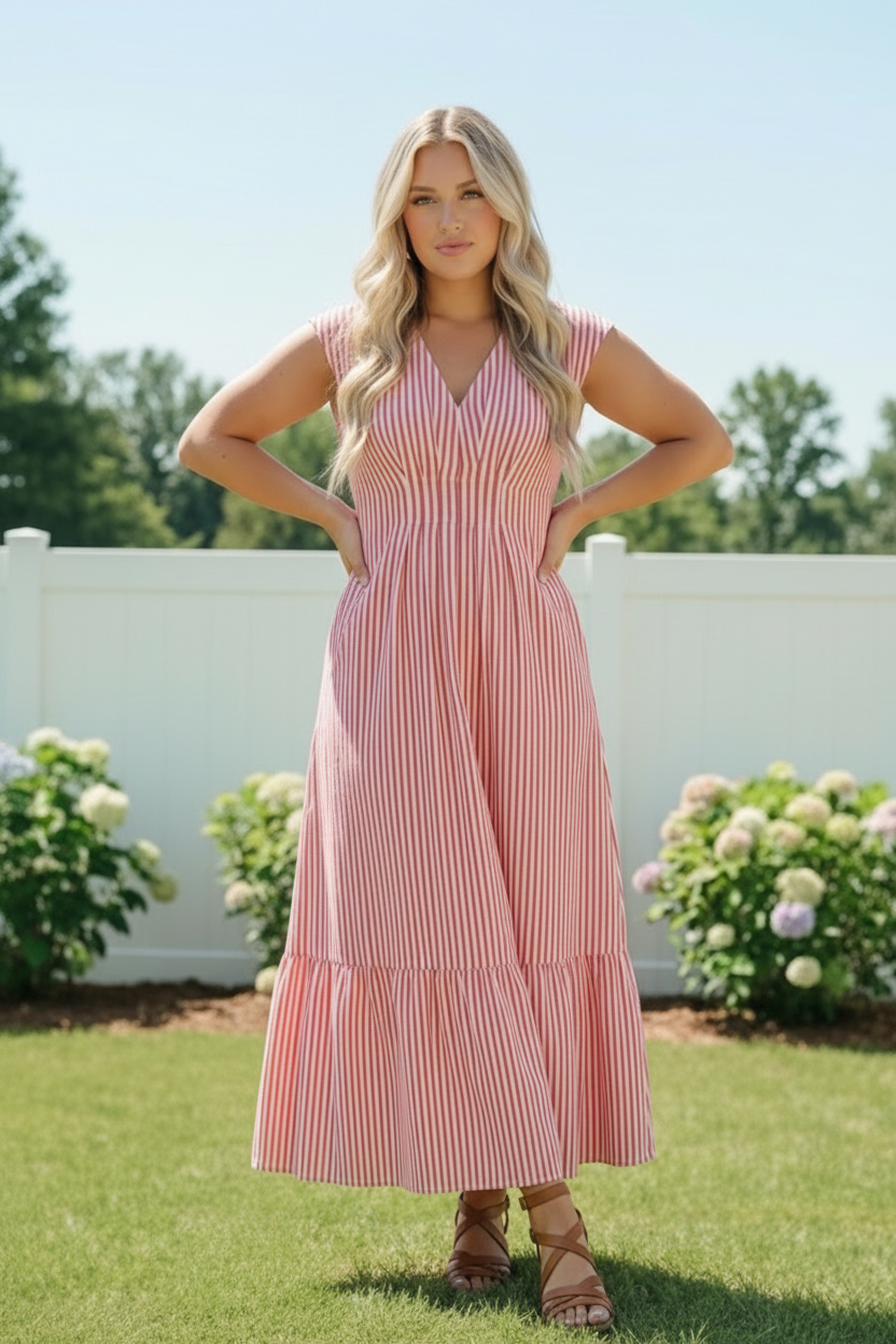 Sweet Stripe Tiered Maxi Dress in Red - Charming Charlie