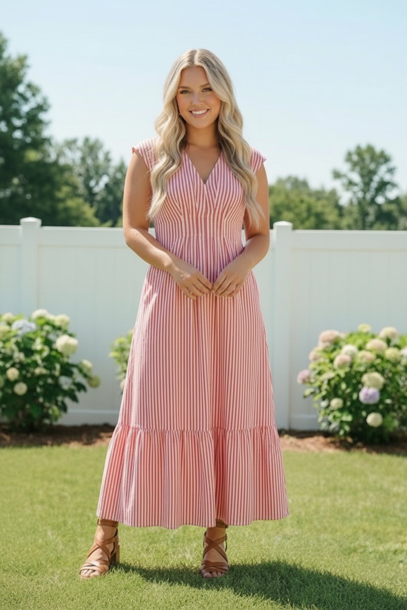 Sweet Stripe Tiered Maxi Dress in Red - Charming Charlie