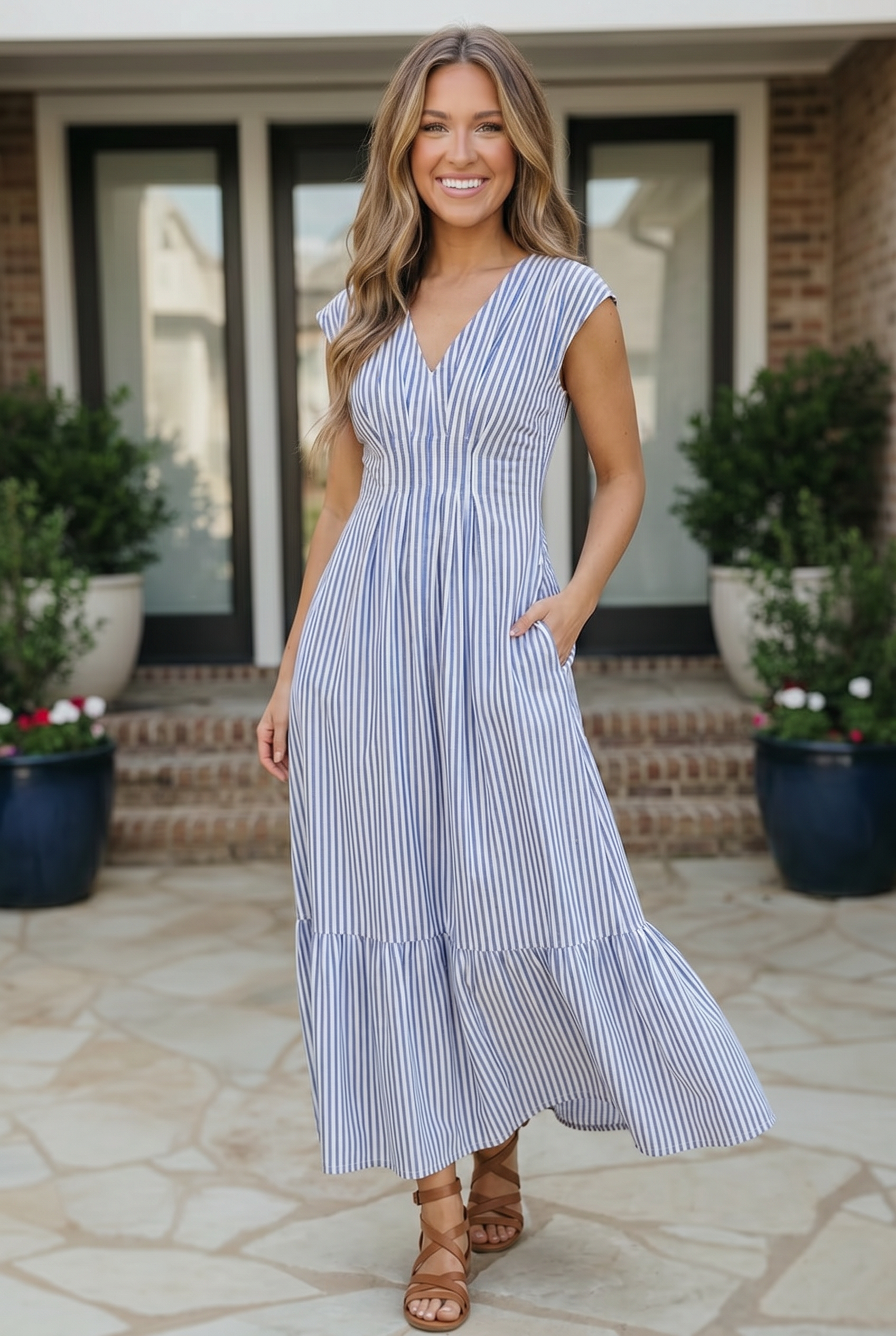 Sunny Days Striped Midi Dress in Blue - Charming Charlie