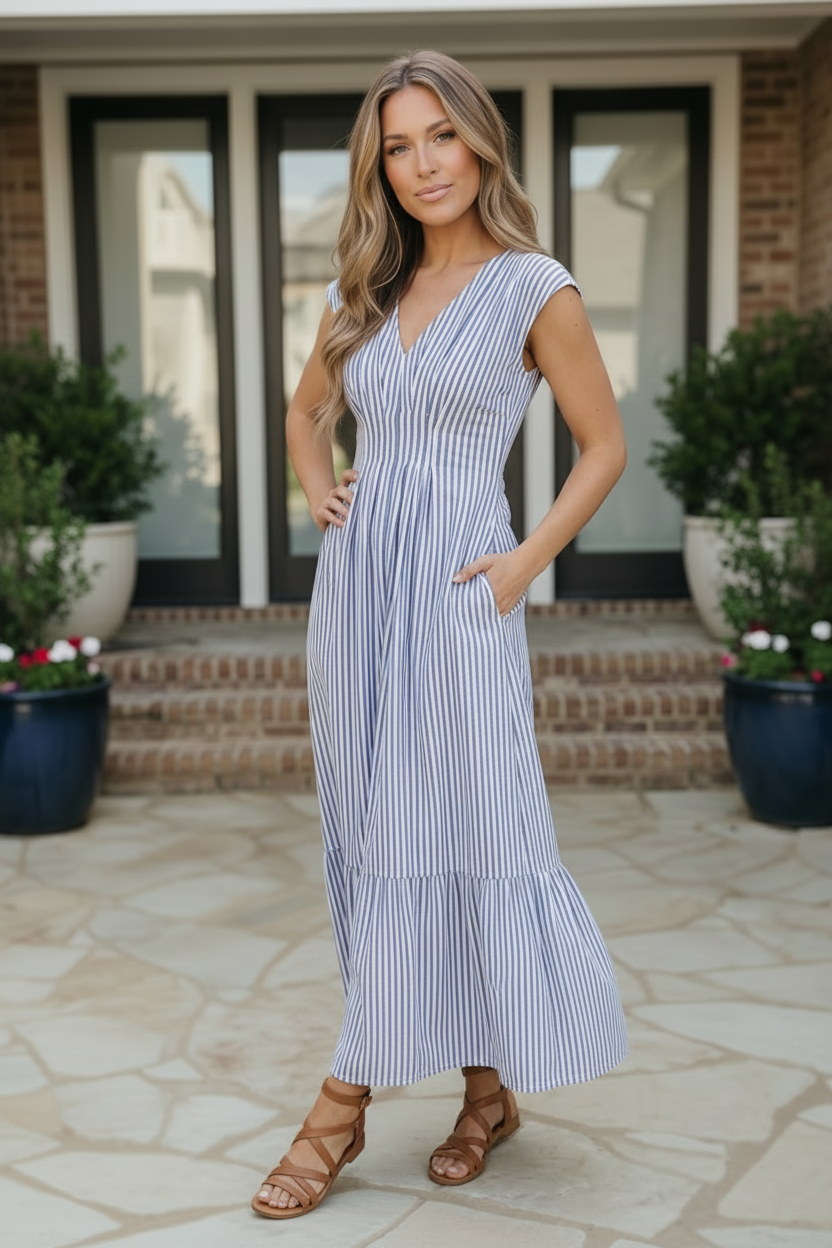 Sunny Days Striped Midi Dress in Blue - Charming Charlie