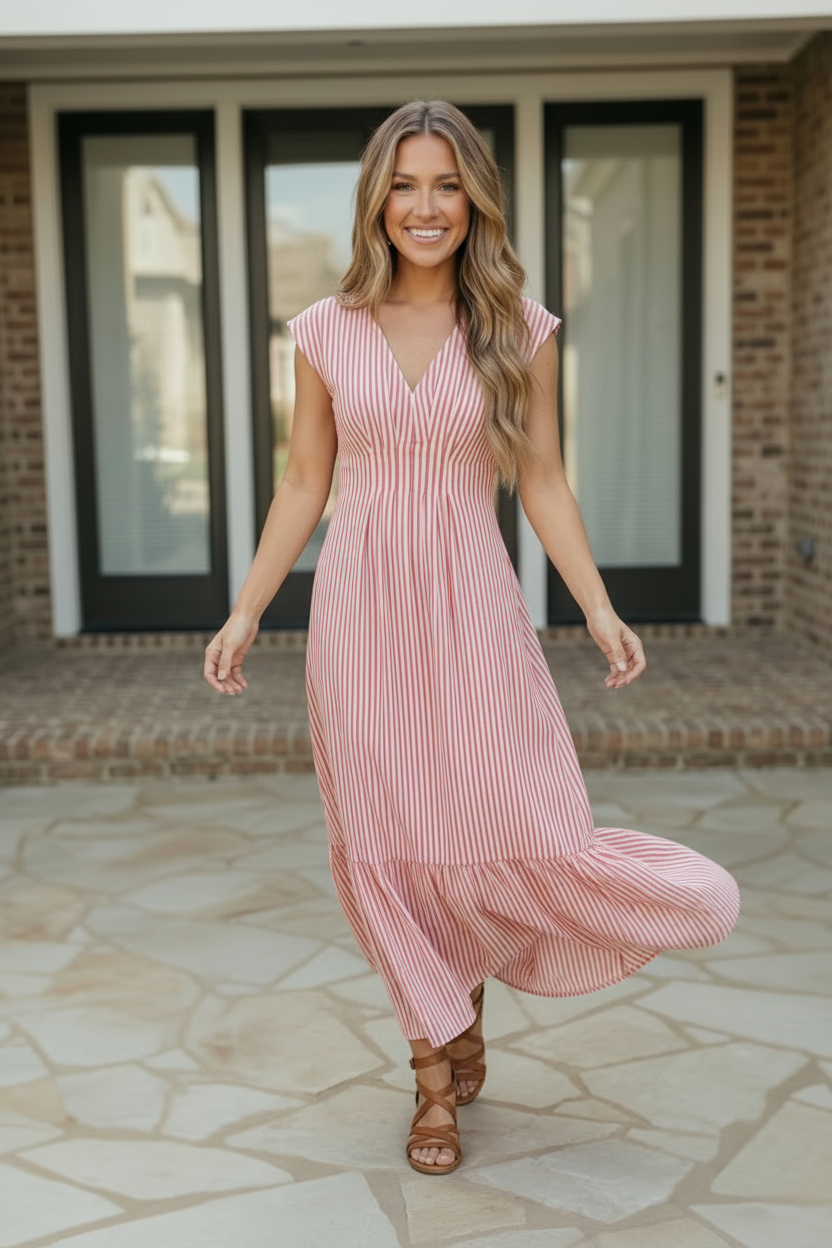Sweet Stripe Tiered Maxi Dress in Red - Charming Charlie