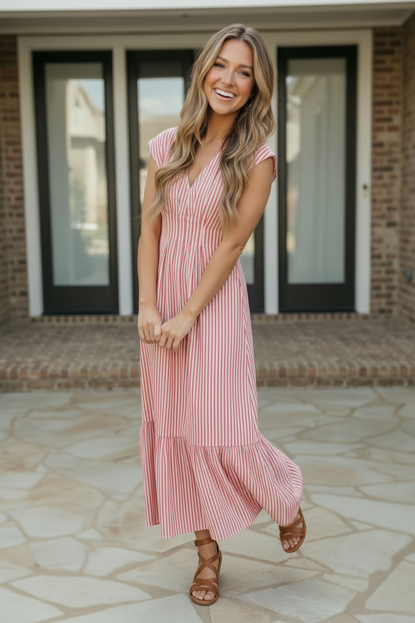 Sweet Stripe Tiered Maxi Dress in Red - Charming Charlie