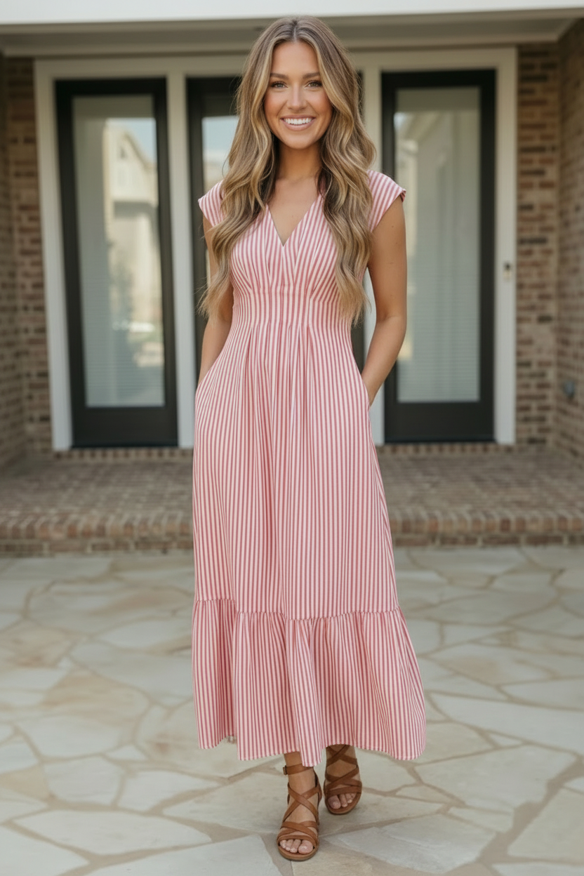 Sweet Stripe Tiered Maxi Dress in Red - Charming Charlie