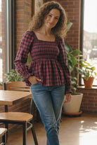 Sweetheart Smocked Cranberry Plaid Top - Charming Charlie