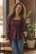 Sweetheart Smocked Cranberry Plaid Top - Charming Charlie