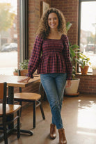 Sweetheart Smocked Cranberry Plaid Top - Charming Charlie