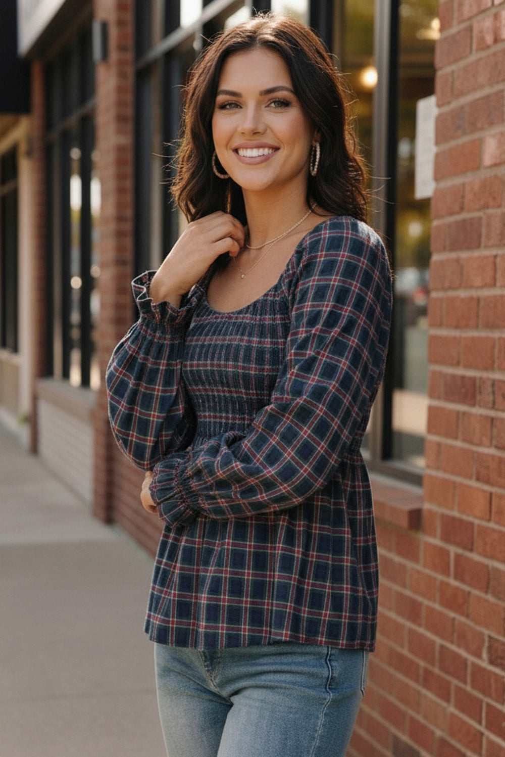 Sweetheart Smocked Navy Plaid Top - Charming Charlie