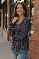 Sweetheart Smocked Navy Plaid Top - Charming Charlie