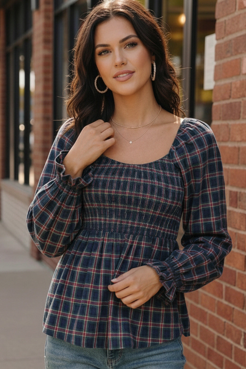 Sweetheart Smocked Navy Plaid Top - Charming Charlie