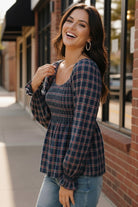 Sweetheart Smocked Navy Plaid Top - Charming Charlie