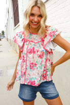Southern Nights Pink Contrast Binding Floral Flutter Sleeve Top - Charming Charlie