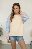 My Casual Cutie Oatmeal Patchwork Top - Charming Charlie