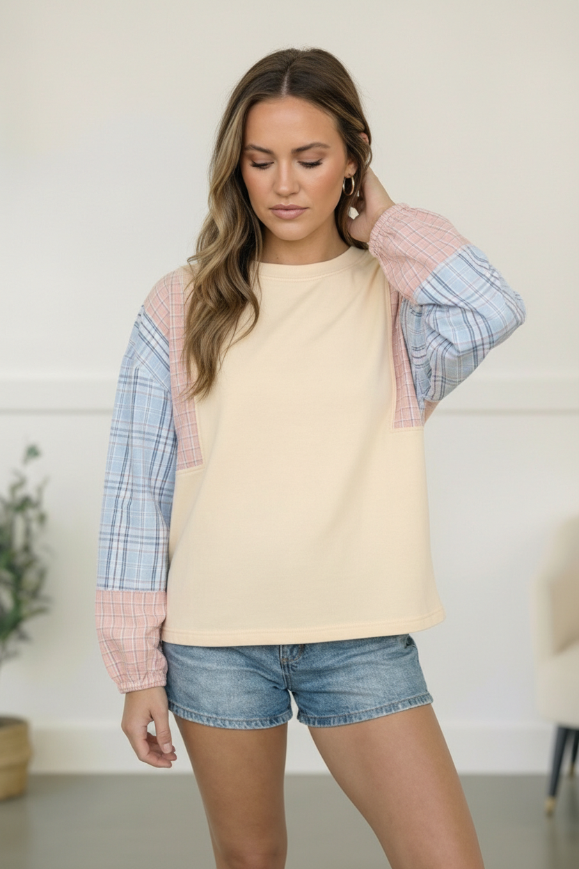 My Casual Cutie Oatmeal Patchwork Top - Charming Charlie