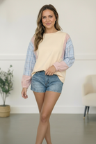 My Casual Cutie Oatmeal Patchwork Top - Charming Charlie