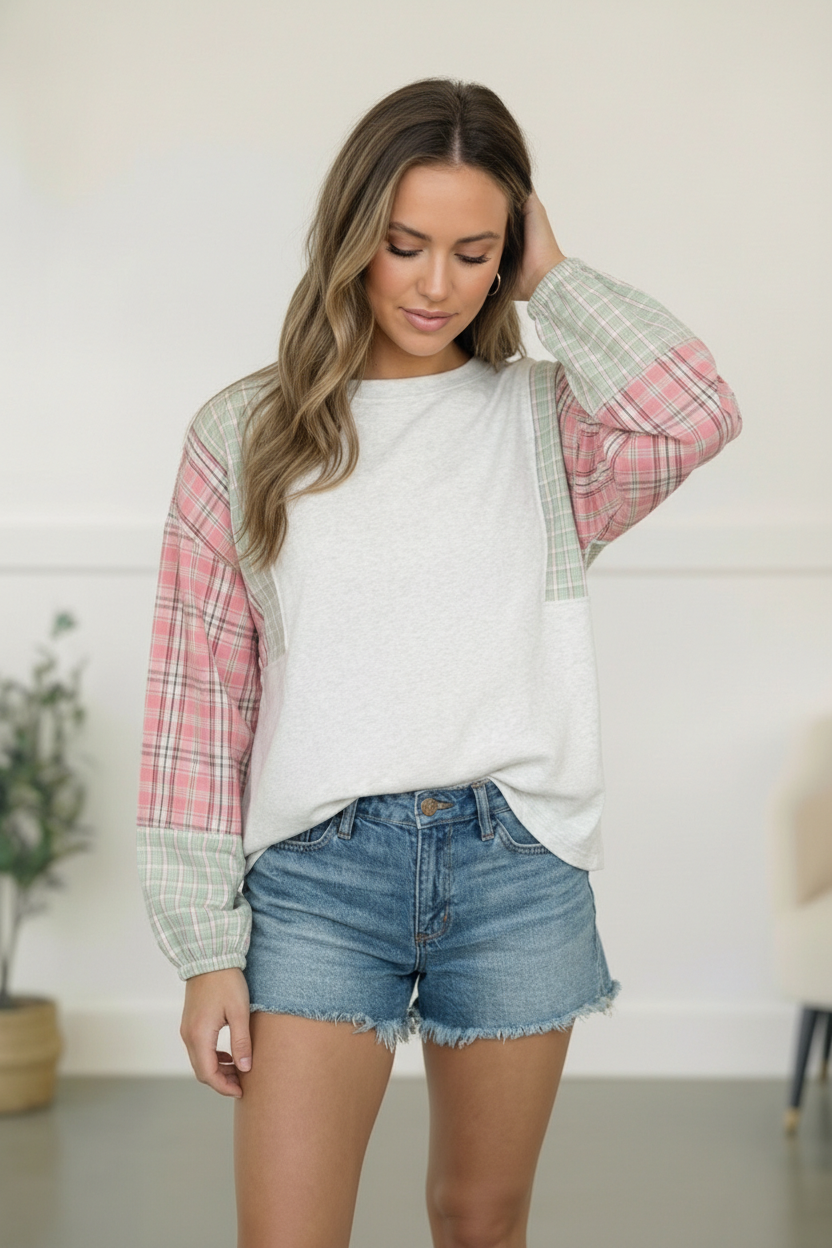 My Casual Cutie Grey Patchwork Top - Charming Charlie