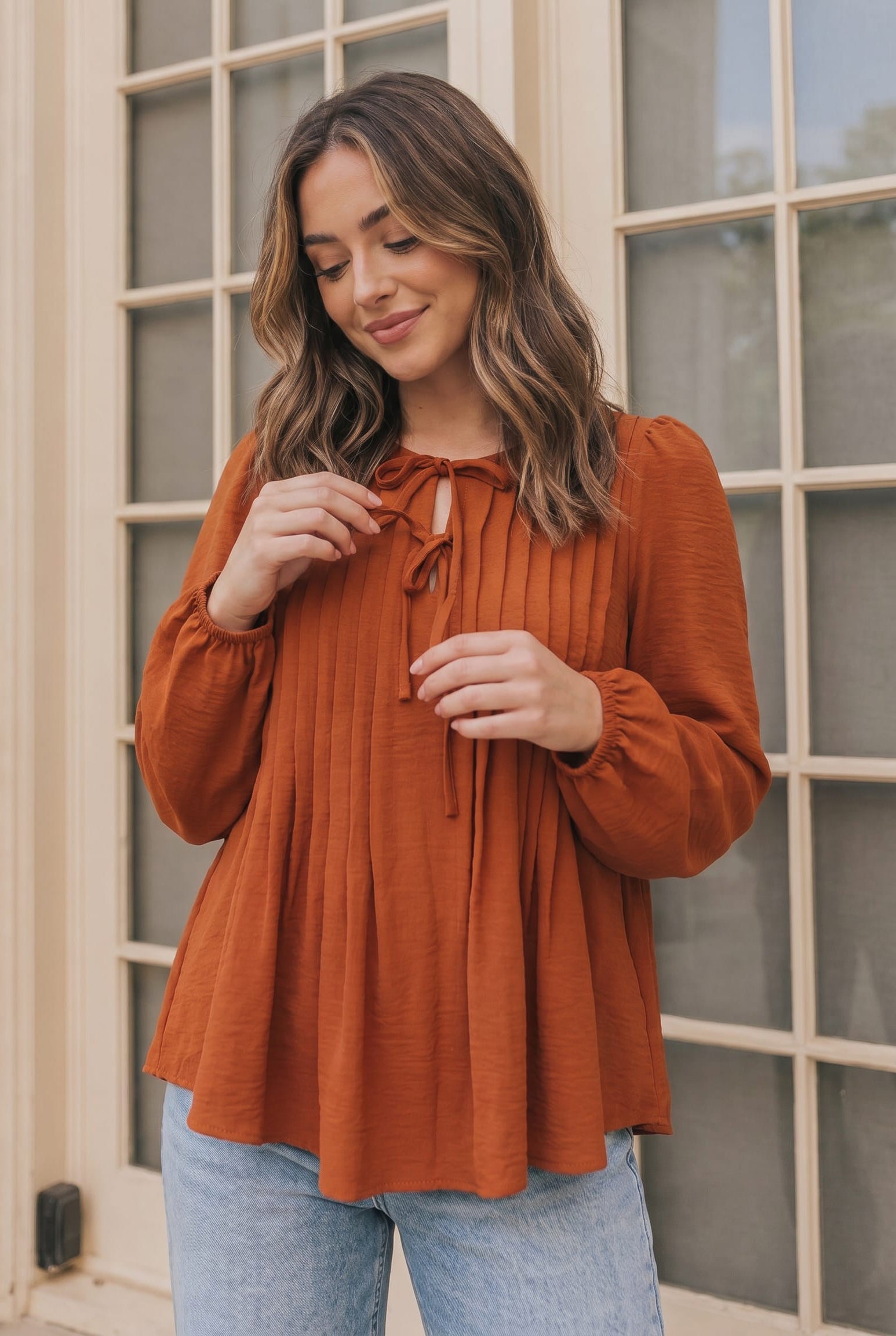 Sipping Apple Cider Tie Neck Blouse - Charming Charlie