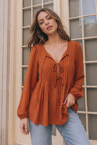 Sipping Apple Cider Tie Neck Blouse - Charming Charlie