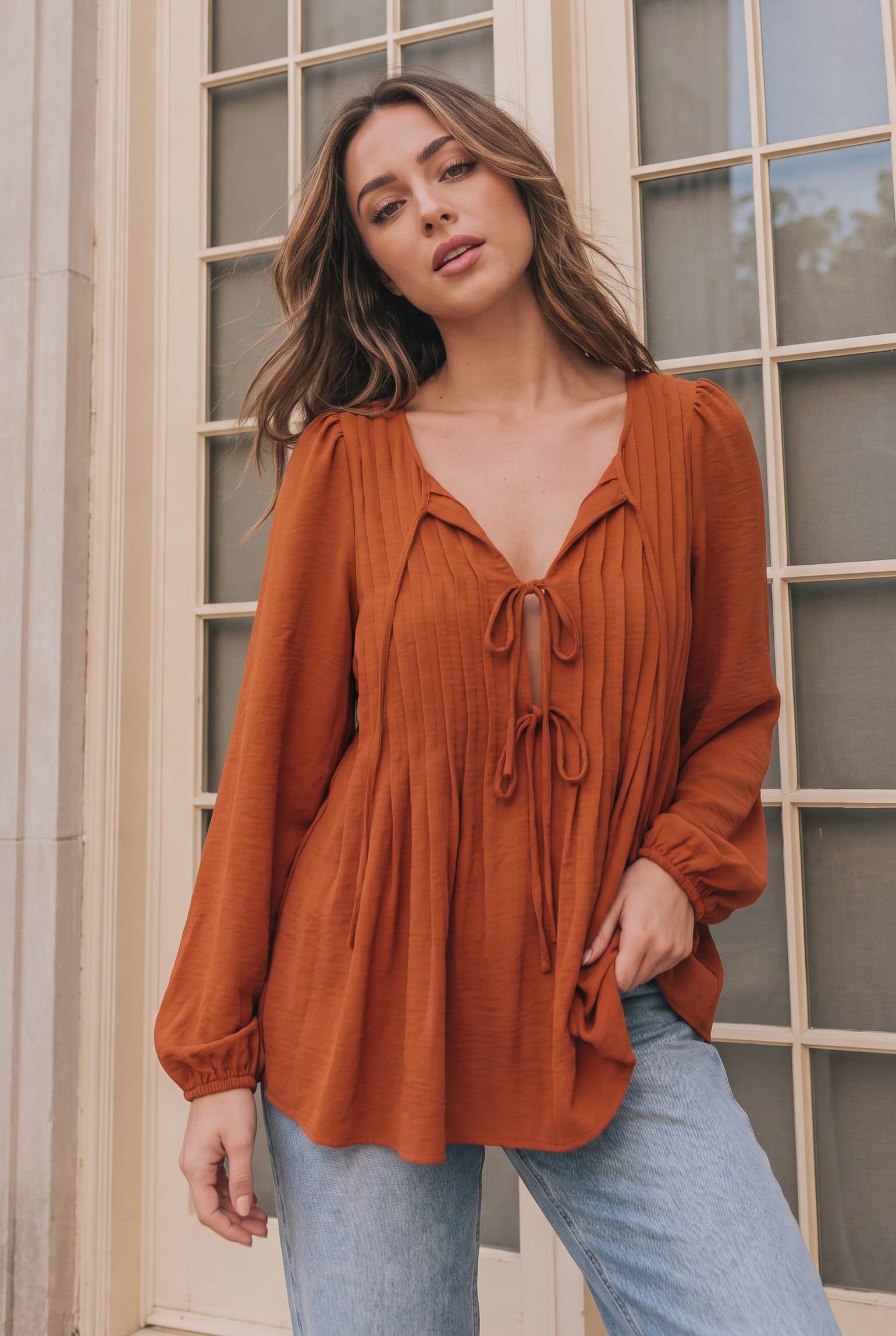 Sipping Apple Cider Tie Neck Blouse - Charming Charlie