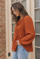 Sipping Apple Cider Tie Neck Blouse - Charming Charlie