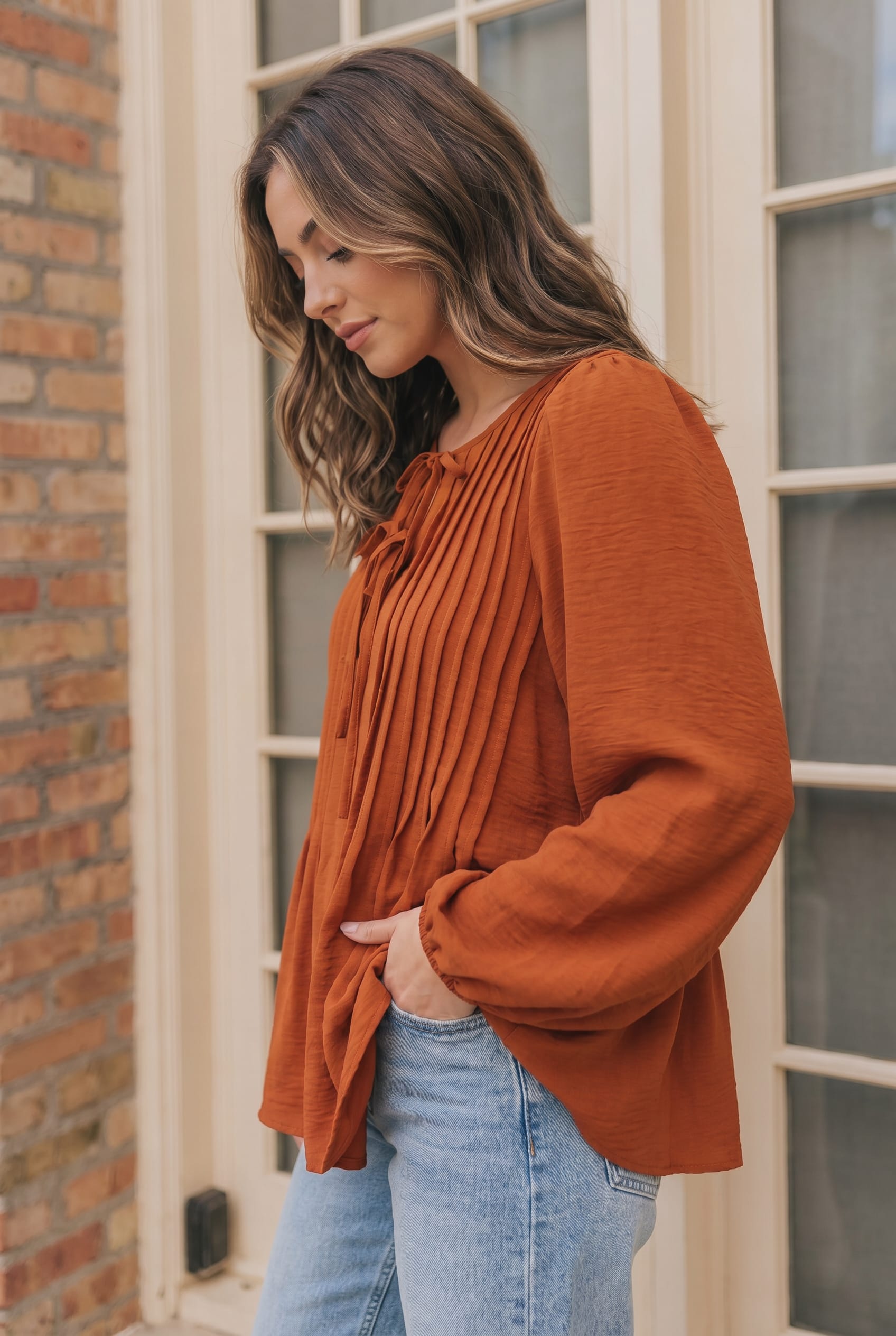 Sipping Apple Cider Tie Neck Blouse - Charming Charlie
