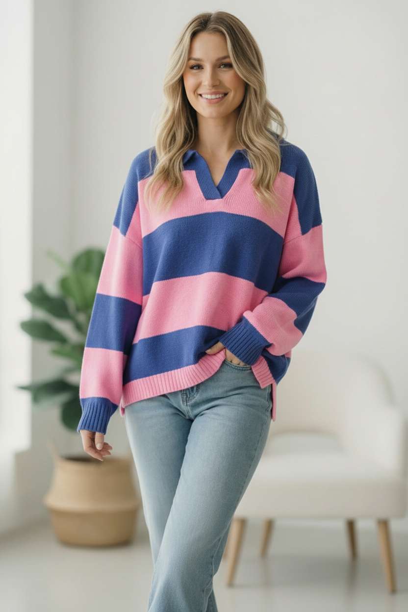 I'll Be On The Sidelines Blue and Pink Sweater - Charming Charlie