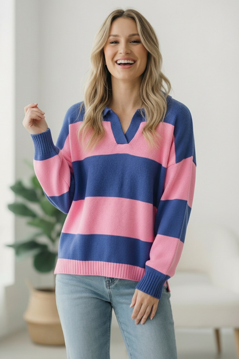 I'll Be On The Sidelines Blue and Pink Sweater - Charming Charlie