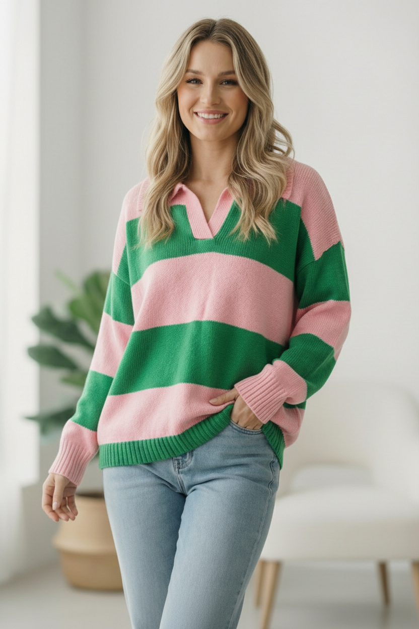 I'll Be On The Sidelines Green and Pink Sweater - Charming Charlie
