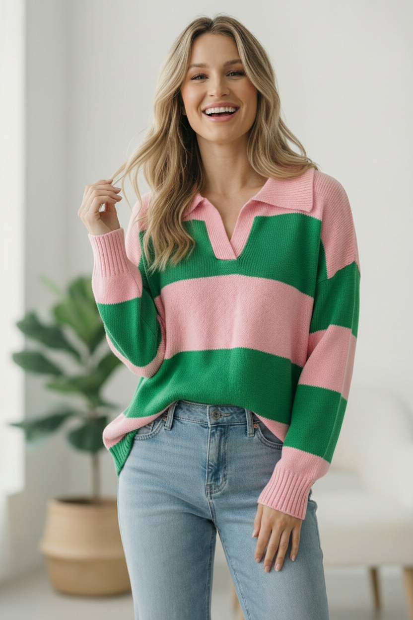 I'll Be On The Sidelines Green and Pink Sweater - Charming Charlie