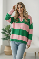 I'll Be On The Sidelines Green and Pink Sweater - Charming Charlie
