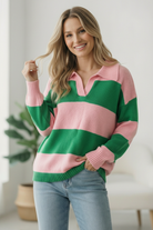 I'll Be On The Sidelines Green and Pink Sweater - Charming Charlie