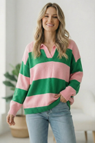 I'll Be On The Sidelines Green and Pink Sweater - Charming Charlie
