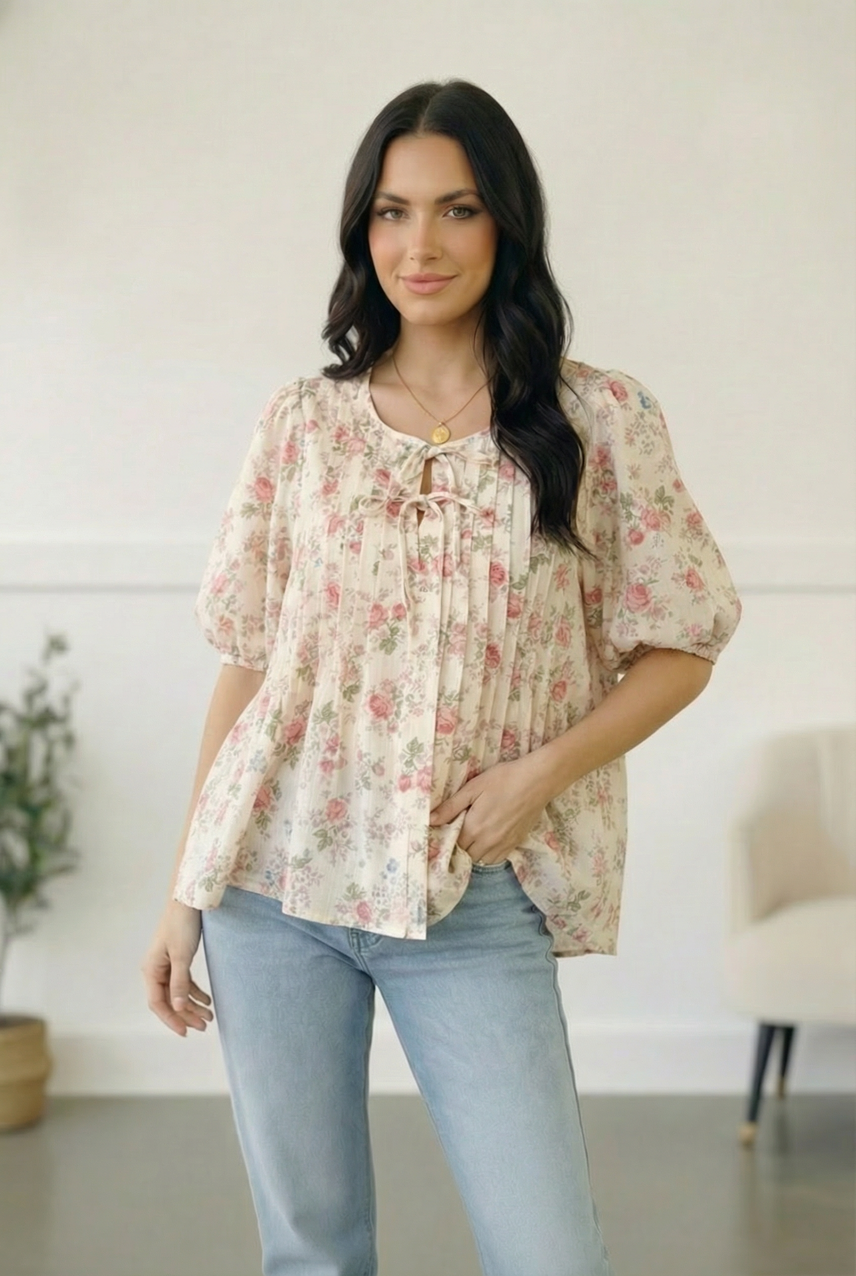 With a Rosy Glow Cream Pleated Top - Charming Charlie