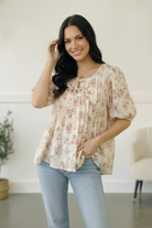 With a Rosy Glow Cream Pleated Top - Charming Charlie